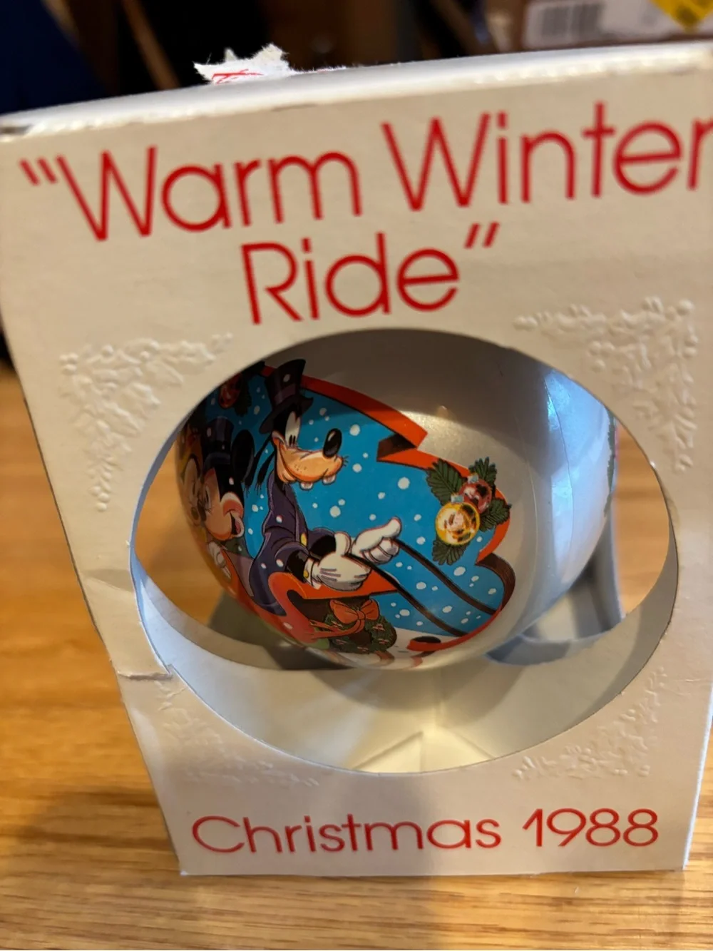 Schmid Disney “Warm Winter Ride” Glass Ball Ornament Vintage Christmas 1988